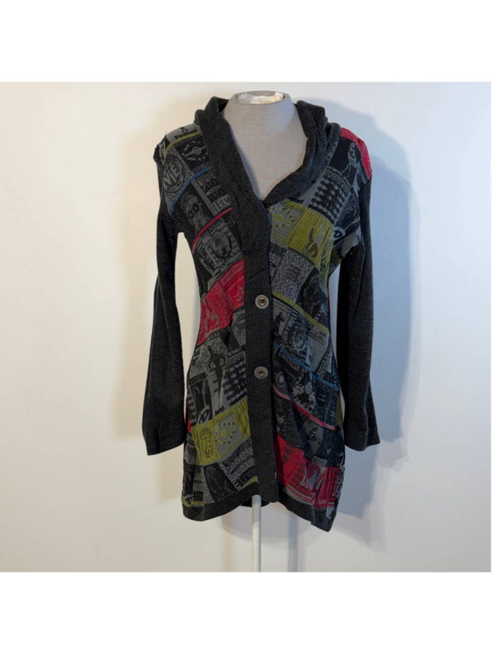 Aventures Des Toiles Art Patchwork Long Cardigan Coat Sweater Gray Women’s Small